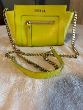 Furla Neon Yellow Leather Crossbody with Gold Chain